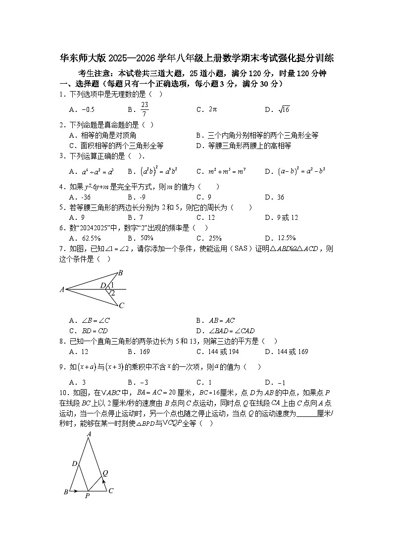 华东师大版2025—2026学年八年级上册数学期末考试强化提分训练第1页