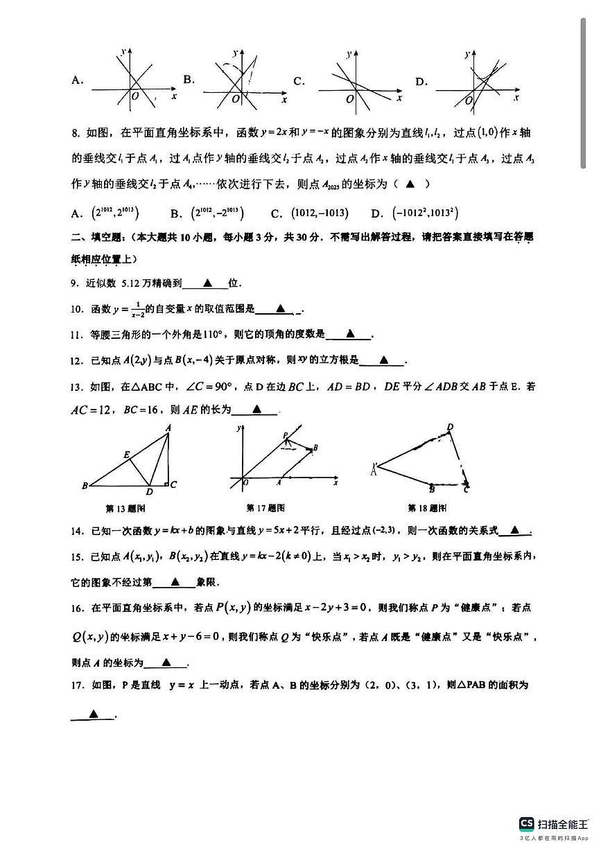 江苏省宿迁钟吾初级中学2025-2026学年上学期八年级数学月考试卷(1)第2页