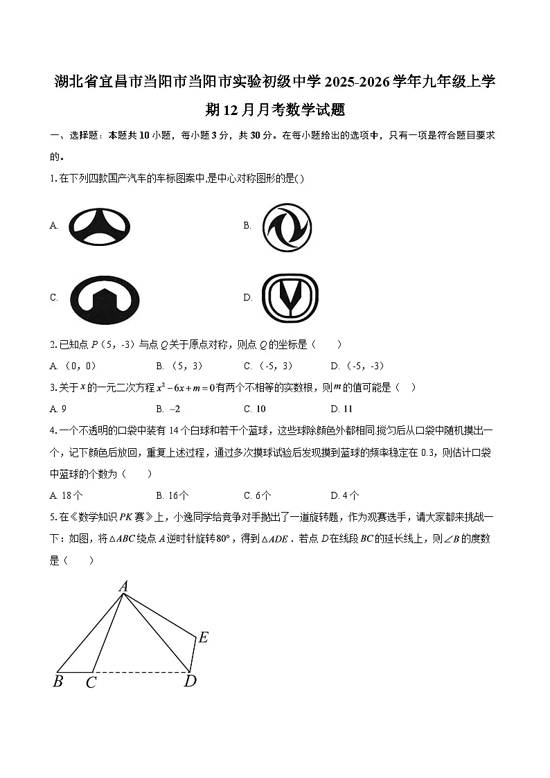 湖北省宜昌市当阳市当阳市实验初级中学2025-2026学年九年级上学期12月月考数学试题-自定义类型第1页