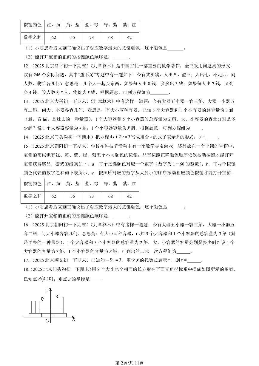 2025北京初一(下)期末数学汇编:二元一次方程组章节综合(填空题)第2页