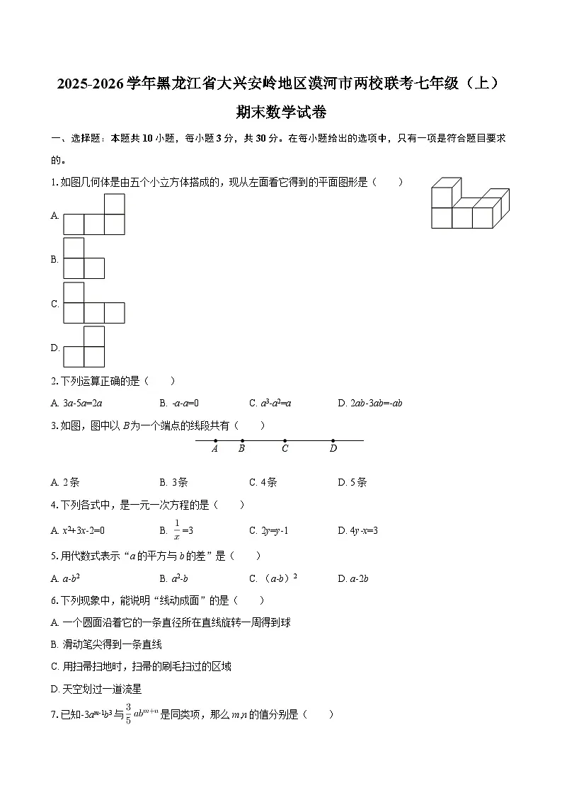 2025-2026学年黑龙江省大兴安岭地区漠河市两校联考七年级(上)期末数学试卷-自定义类型第1页