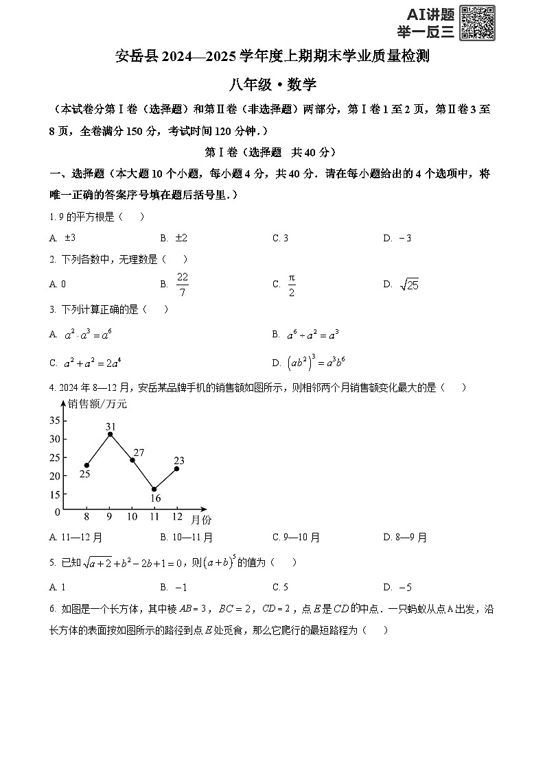 精品解析:四川省资阳市安岳县2024-2025学年八年级上学期期末考试数学试卷(原卷版)第1页