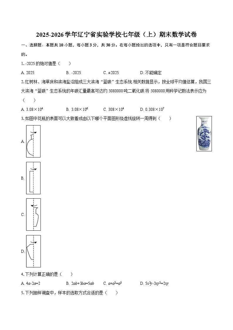2025-2026学年辽宁省实验学校七年级(上)期末数学试卷-自定义类型第1页