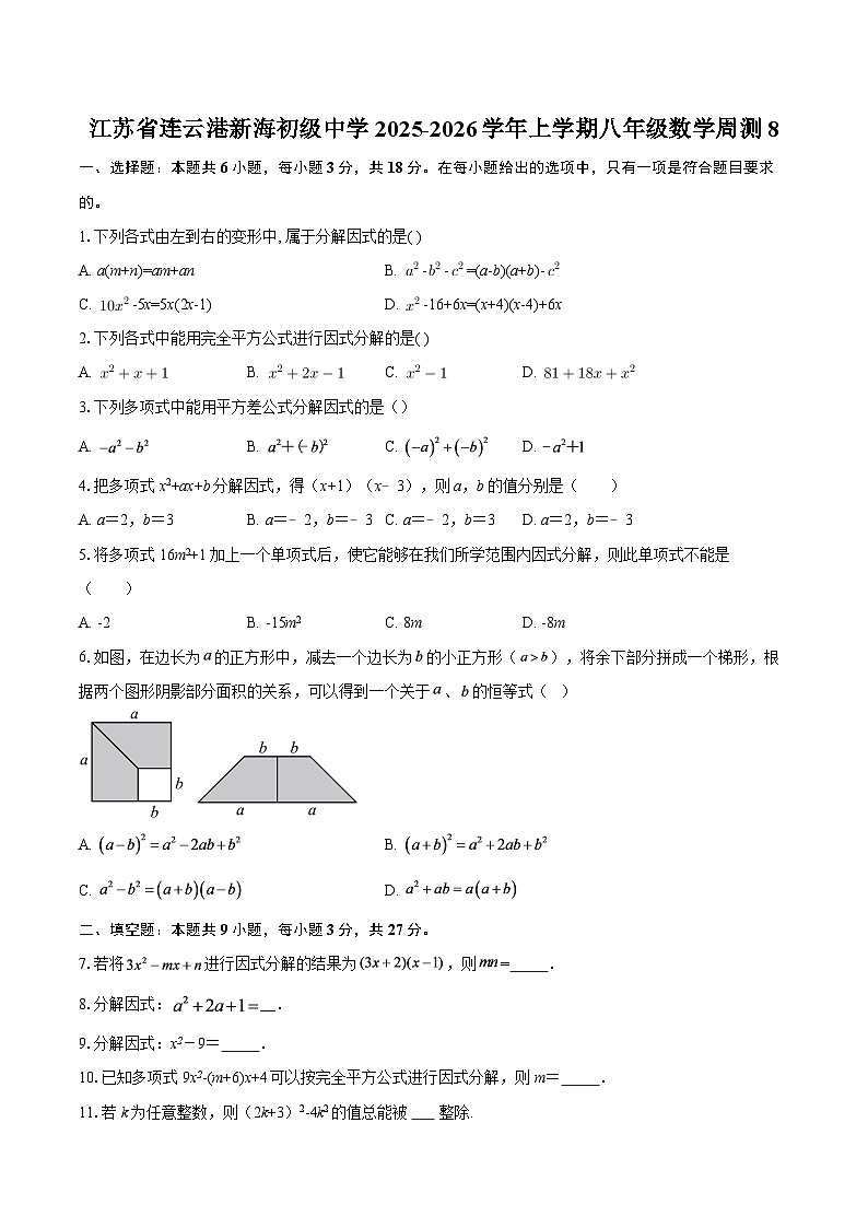 江苏省连云港新海初级中学2025-2026学年上学期八年级数学周测8-自定义类型第1页