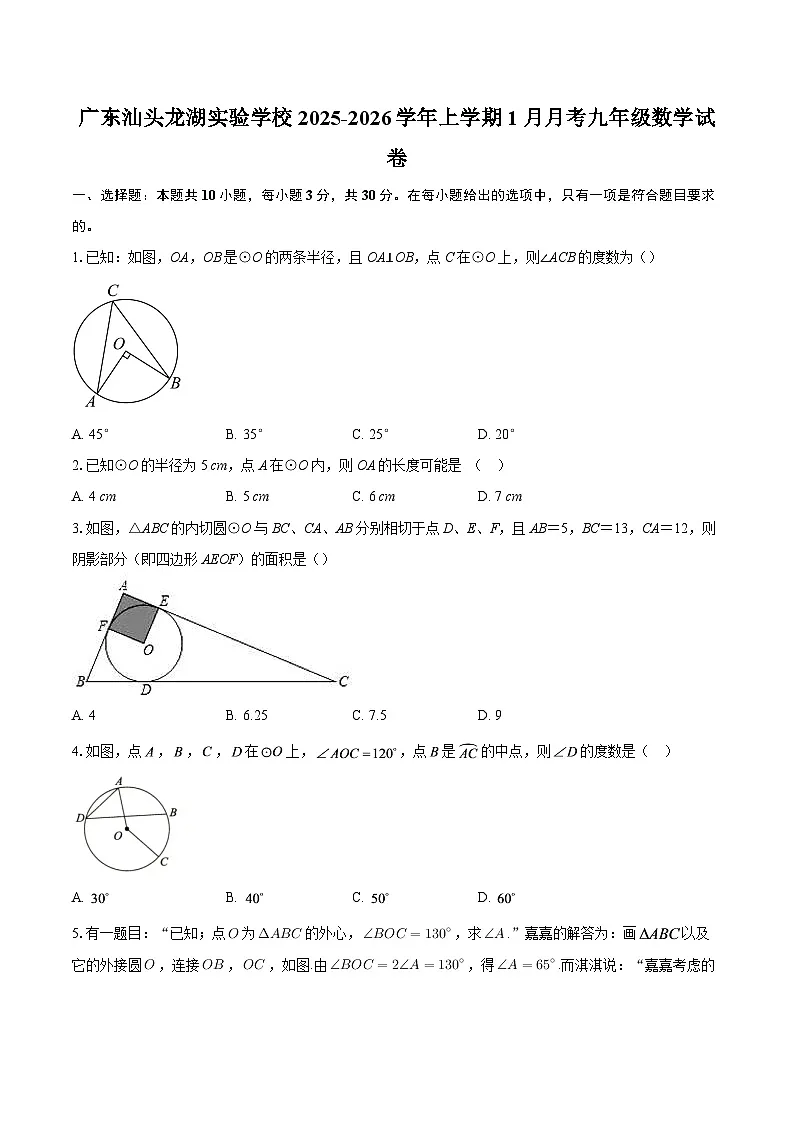 广东汕头龙湖实验学校2025-2026学年上学期1月月考九年级数学试卷-自定义类型第1页