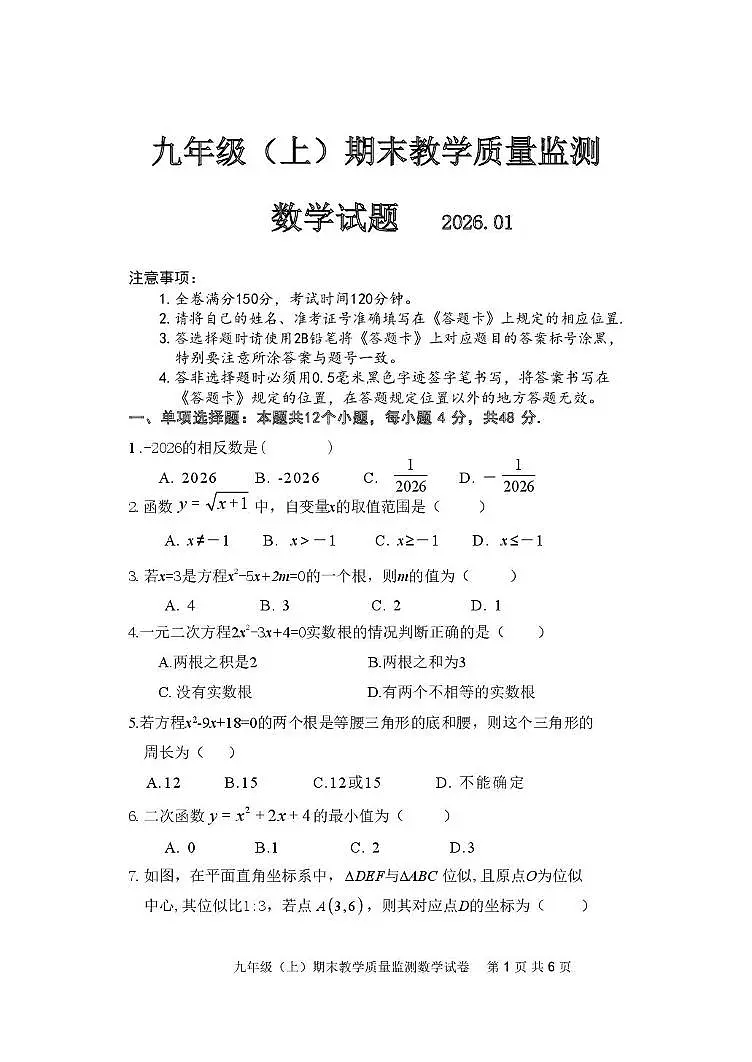 四川省眉山市洪雅县2025-2026学年九年级上学期1月期末数学试题第1页