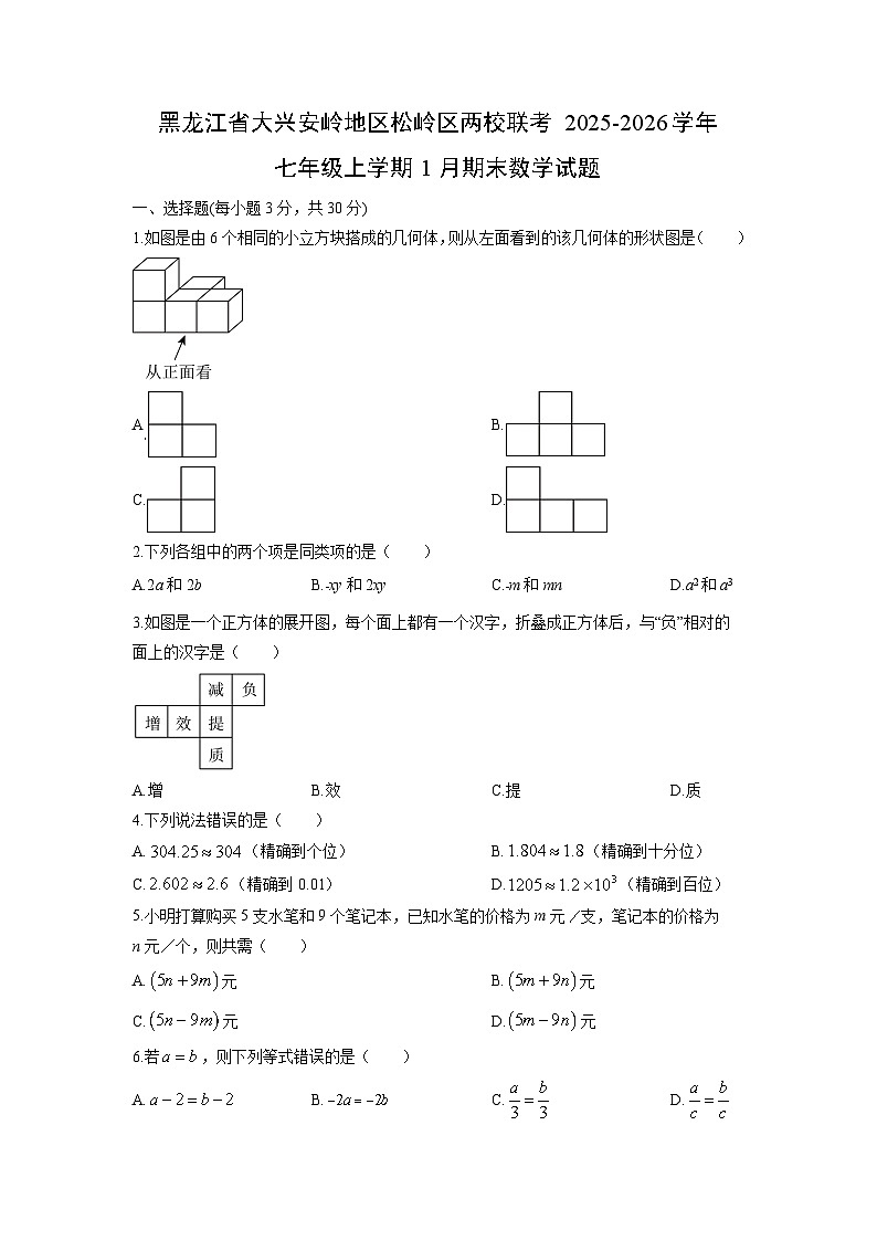 2025-2026学年黑龙江省大兴安岭地区松岭区两校联考七年级上学期1月期末数学试卷(学生版)第1页