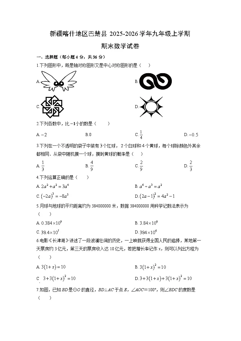 2025-2026学年新疆喀什地区巴楚县九年级上学期期末数学试卷(学生版)第1页