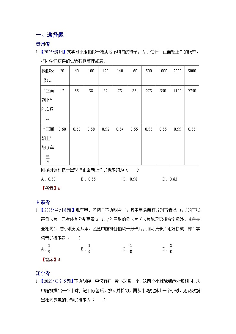 2025年各省市中考数学试卷分类汇编知识点42 概率(Word版附解析)第1页