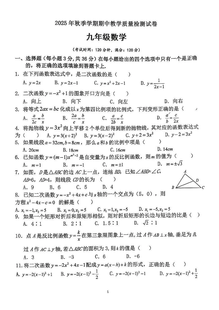 广西百色市田东县2025-2026学年九年级上学期数学期中教学质量检测试卷第1页