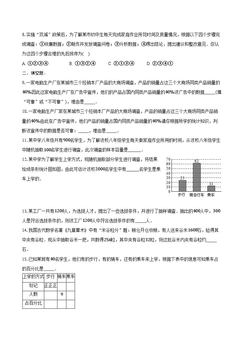 7.1普查与抽样调查-同步训练2024-2025学年苏科版八年级数下册(含答案+解析)第2页