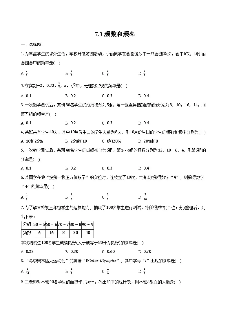 7.3频数和频率-同步训练 -2024-2025学年苏科版八年级数学下册(含答案+解析)第1页