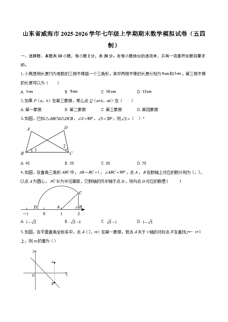 山东省威海市2025-2026学年七年级上学期期末数学模拟试卷(五四制)-自定义类型第1页