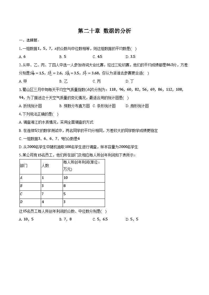 第二十章 数据的分析-单元复习题 2024-2025学年 人教版八年级数学下册(含答案+解析)第1页
