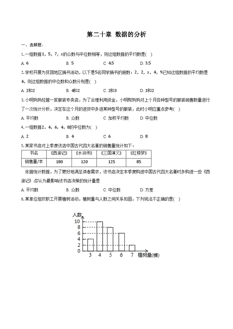 第二十章数据的分析-单元复习题2024-2025学年人教版数学八年级下册(含答案+解析)第1页