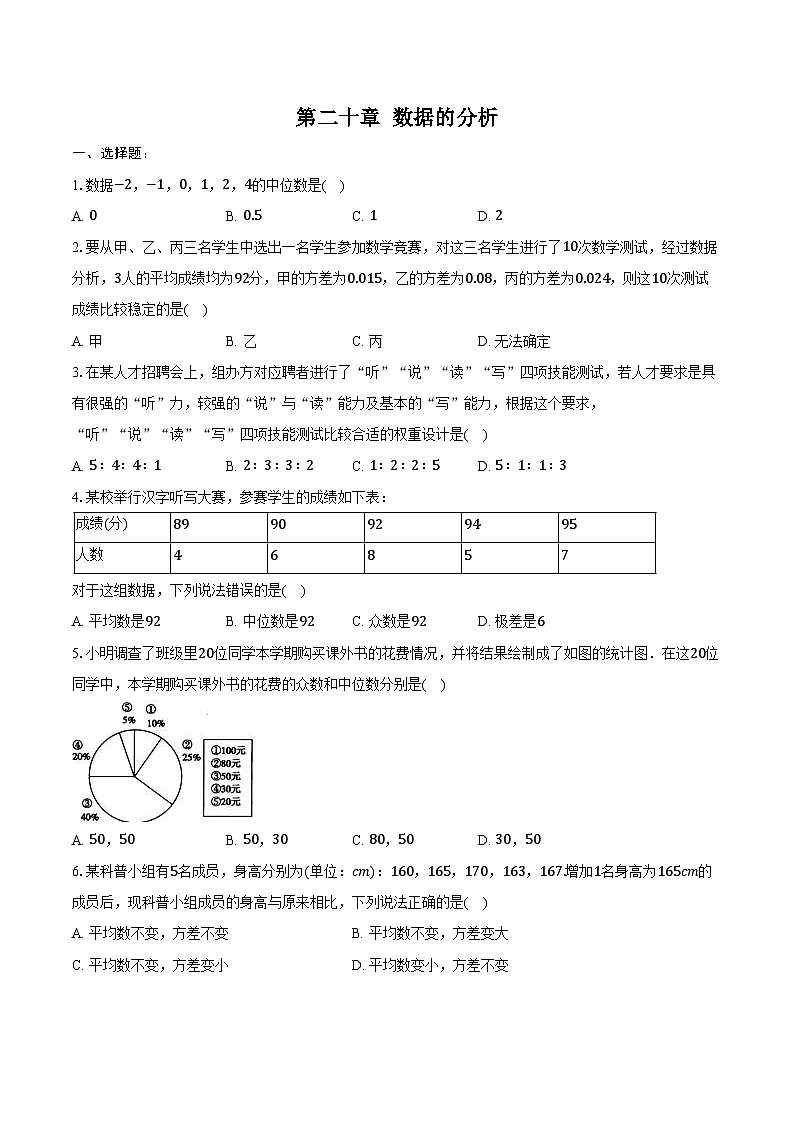 第二十章数据的分析单元测试2024-2025学年 人教版 八年级数学下册(含答案+解析)第1页
