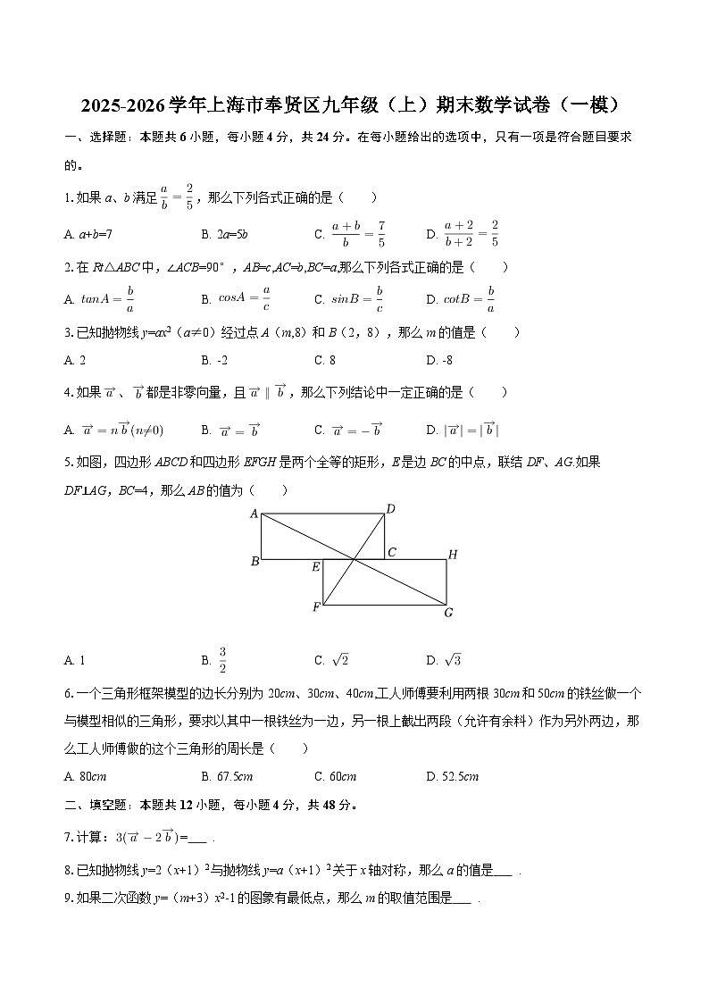 2025-2026学年上海市奉贤区九年级(上)期末数学试卷(一模)-自定义类型第1页