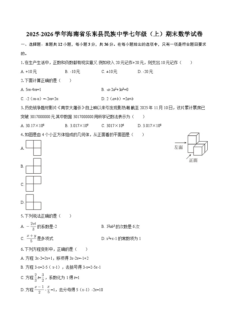 2025-2026学年海南省乐东县民族中学七年级(上)期末数学试卷-自定义类型第1页