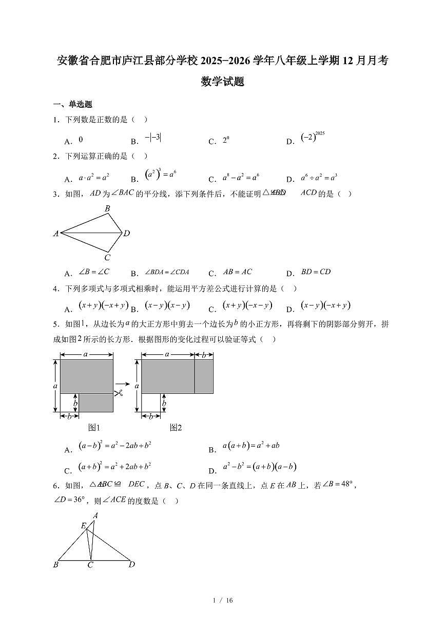安徽省合肥市庐江县部分学校2025-2026学年八年级上册12月月考数学试卷(含答案)第1页