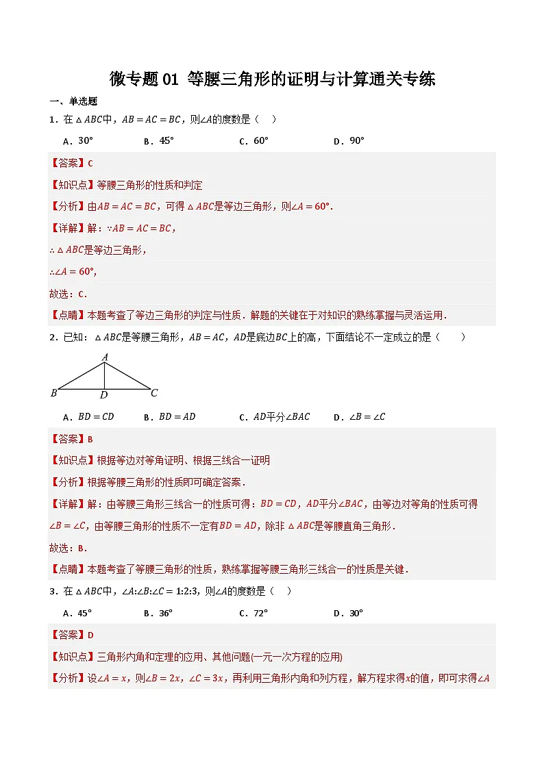 微专题01 等腰三角形的证明与计算通关专练(解析版)第1页