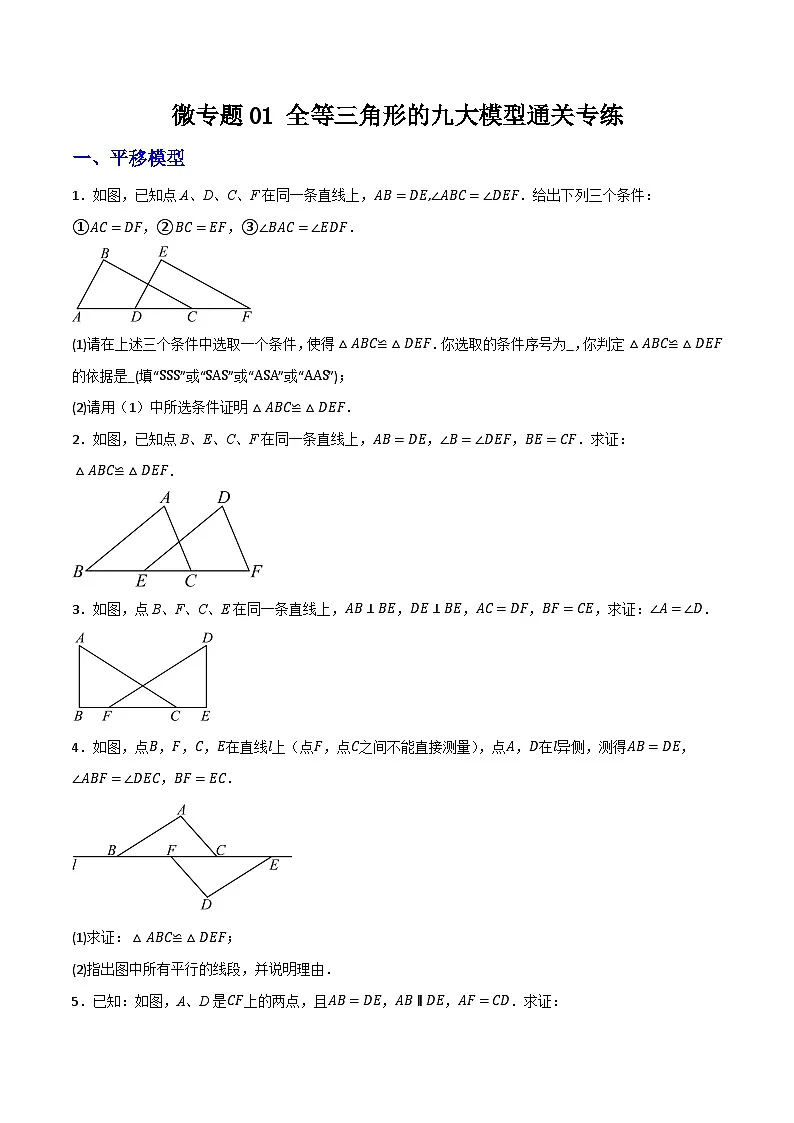 微专题01 全等三角形九大模型通关专练(原卷版) 第1页