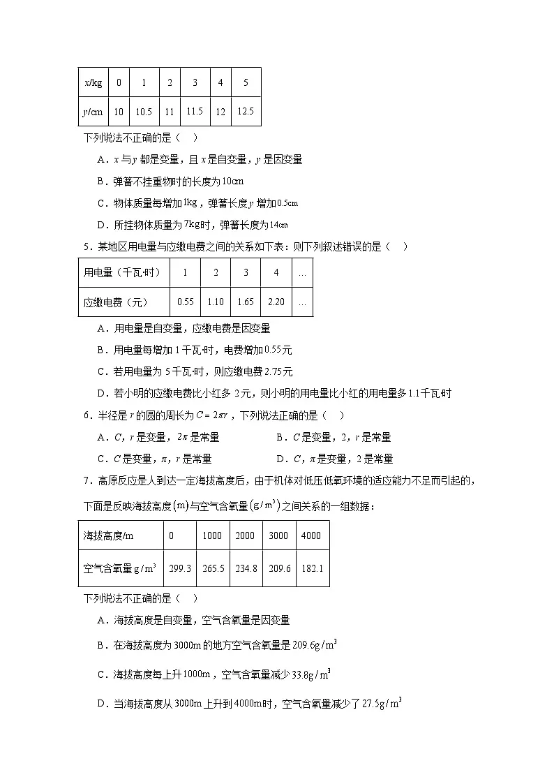 6.2用表格表示变量之间的关系同步练习 北师大版数学七年级下册第2页