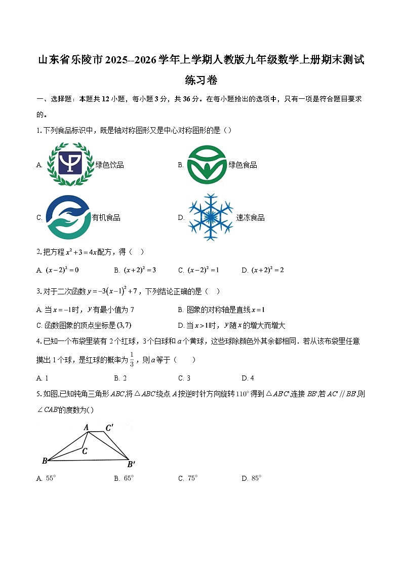 山东省乐陵市2025--2026学年上学期人教版九年级数学上册期末测试练习卷-自定义类型第1页
