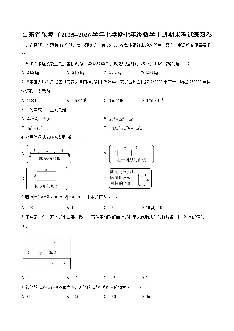 山东省乐陵市2025--2026学年上学期七年级数学上册期末考试练习卷-自定义类型第1页