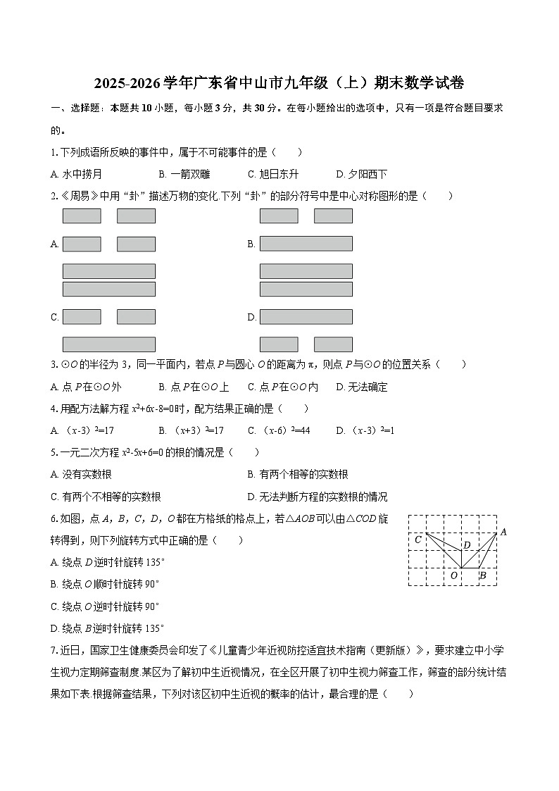 2025-2026学年广东省中山市九年级(上)期末数学试卷-自定义类型第1页