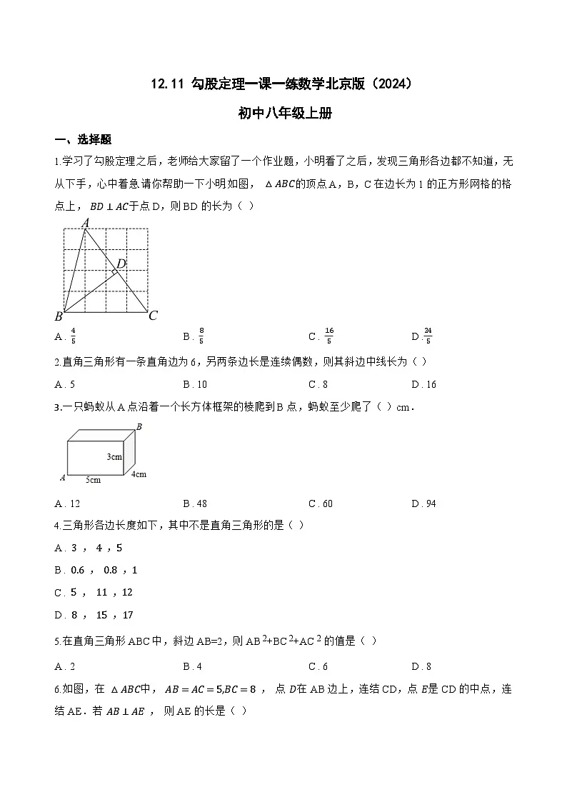 12.11 勾股定理一课一练数学北京版(2024)初中八年级上册第1页