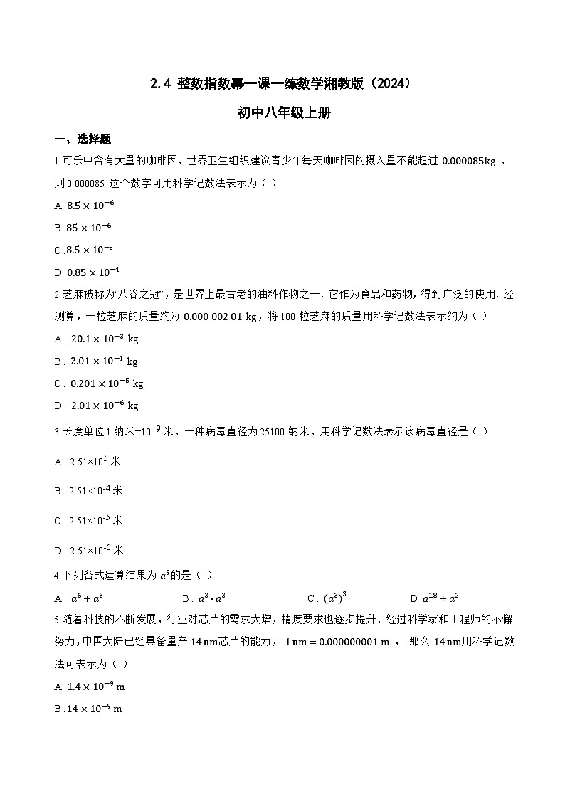 2.4 整数指数幂一课一练数学湘教版(2024)初中八年级上册第1页