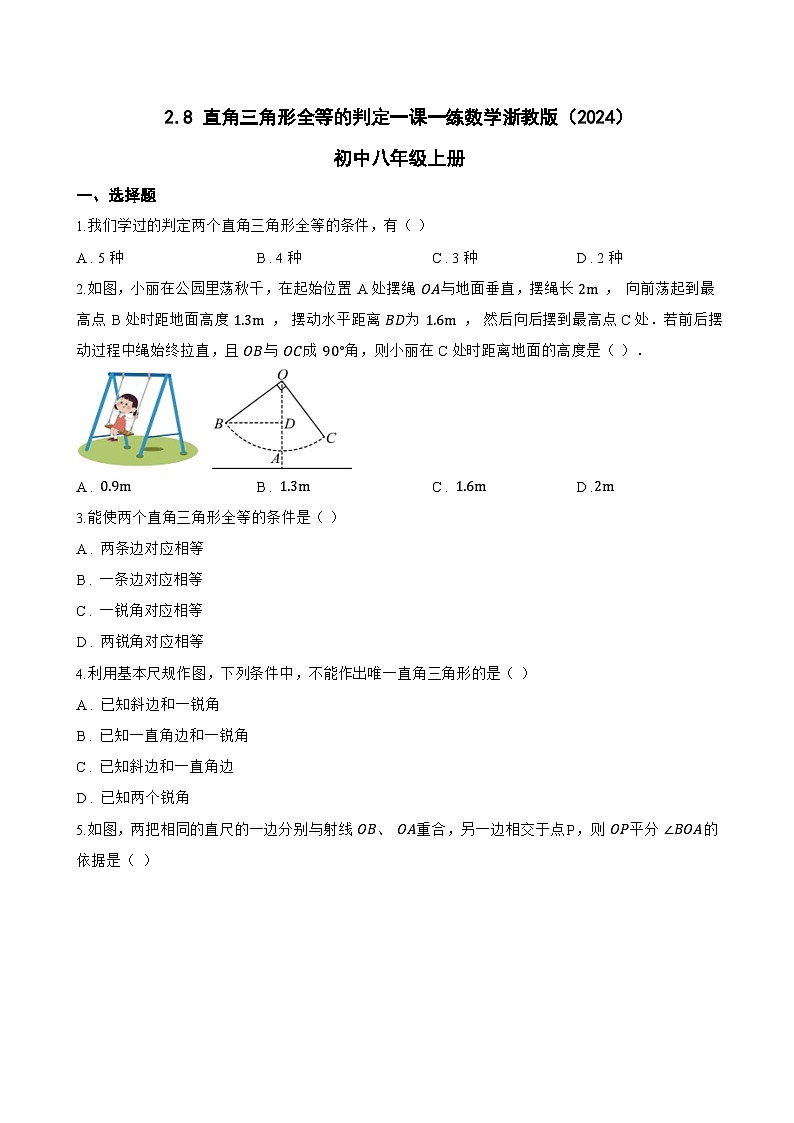2.8 直角三角形全等的判定一课一练数学浙教版(2024)初中八年级上册第1页