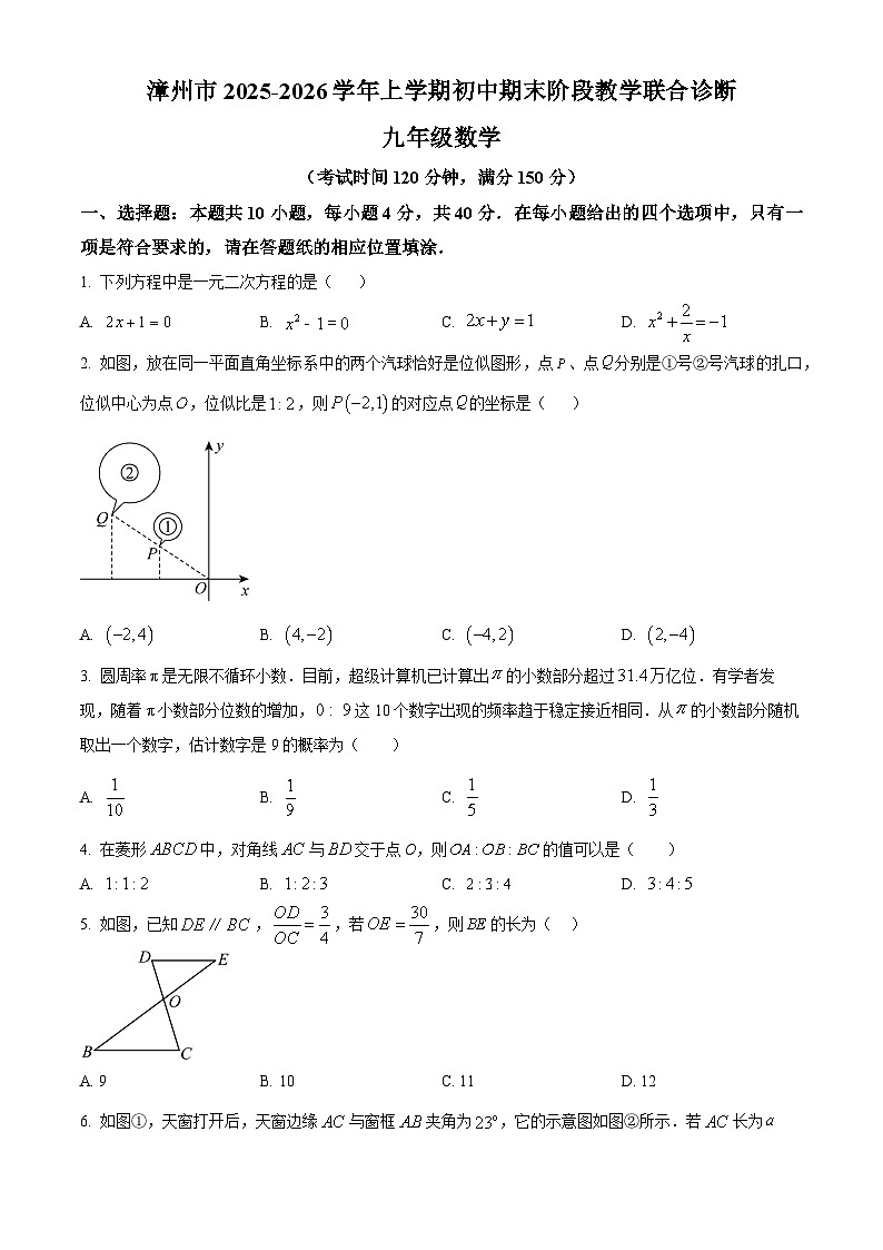 福建漳州市2025-2026学年九年级上学期期末阶段教学联合诊断数学试题(试卷+解析)第1页