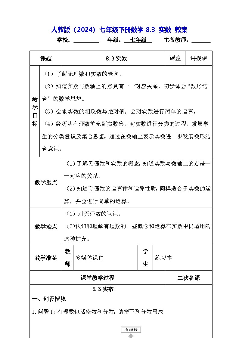 人教版(2024)七年级下册数学8.3 实数 教案(表格式)第1页