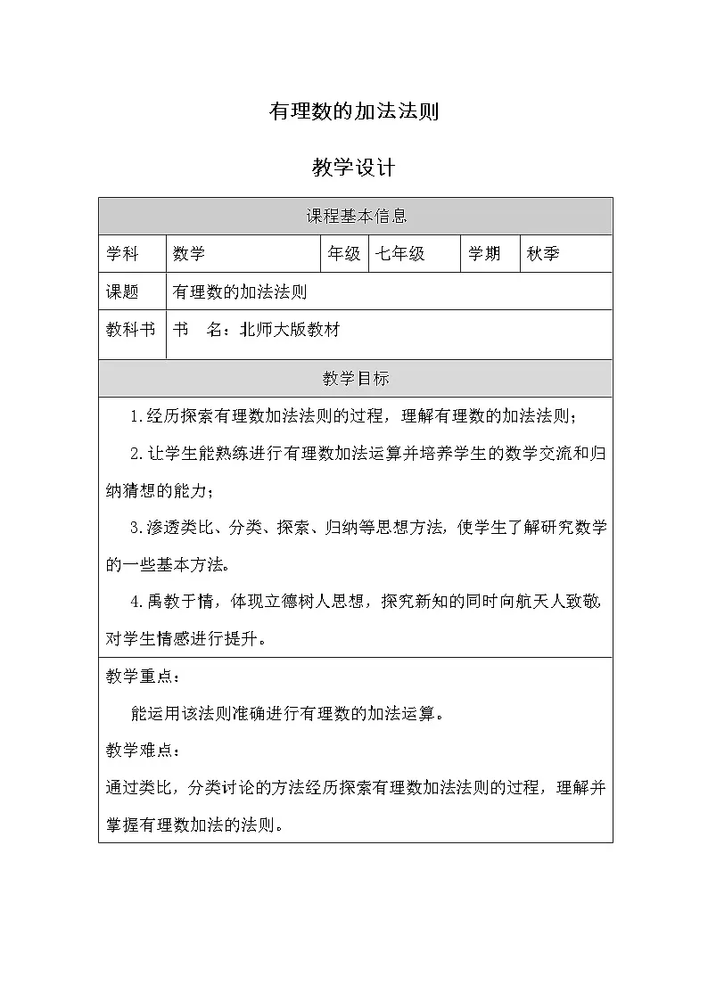 北师大版数学七年级上册(2024)2.2.1 有理数的加法法则 教学设计第1页