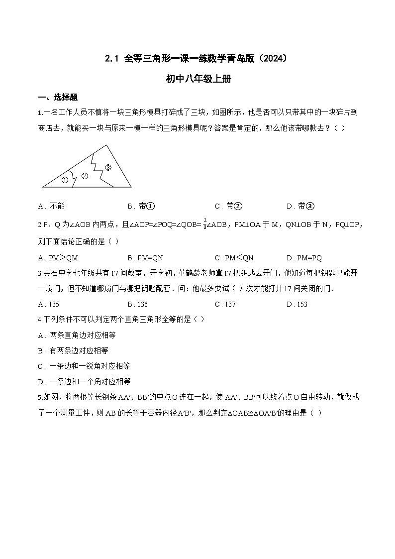 2.1 全等三角形一课一练数学青岛版(2024)初中八年级上册(无答案)第1页
