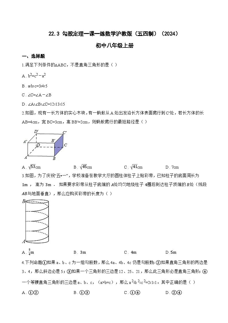 22.3 勾股定理一课一练数学沪教版(五四制)(2024)初中八年级上册(无答案)第1页