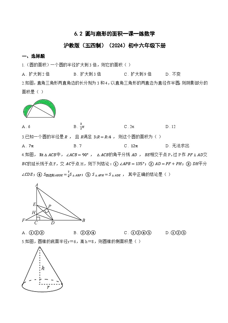 6.2 圆与扇形的面积一课一练数学沪教版(五四制)(2024)初中六年级下册(无答案)第1页