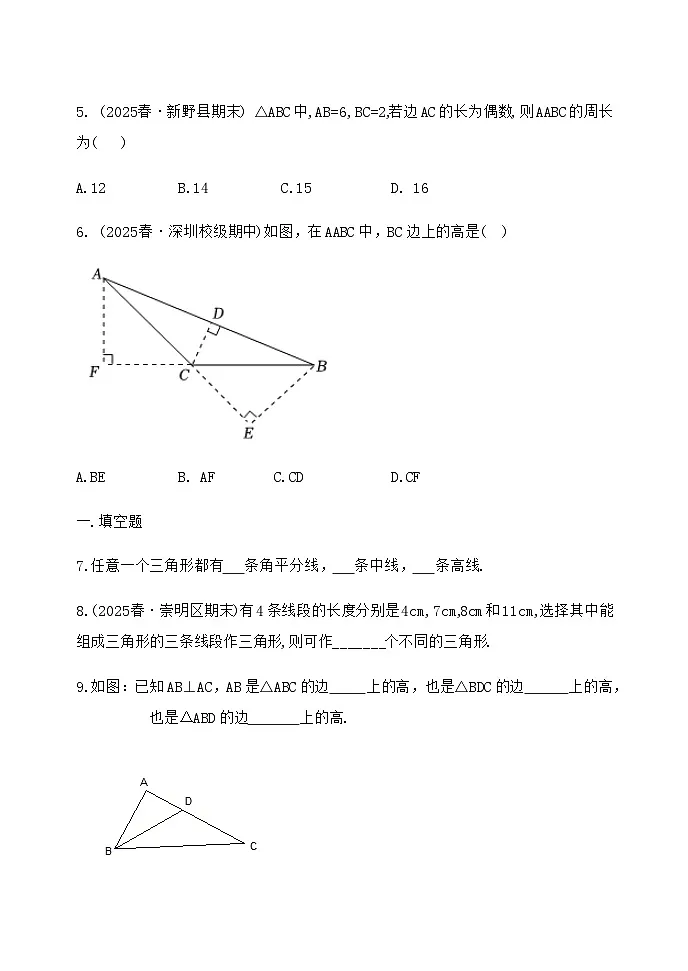 13.2 与三角形有关的线段 同步练习 (含部分答案) 人教版(2024)数学八年级上册第3页