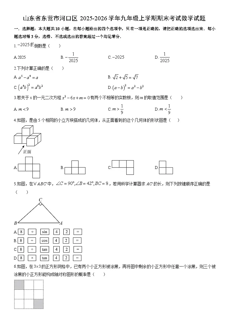 2025-2026学年山东省东营市河口区九年级上学期期末考试数学试卷(学生版)第1页