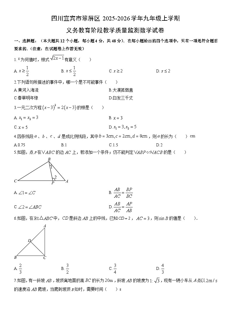 2025-2026学年四川宜宾市翠屏区九年级上学期义务教育阶段(月考)教学质量监测数学试卷(学生版)第1页