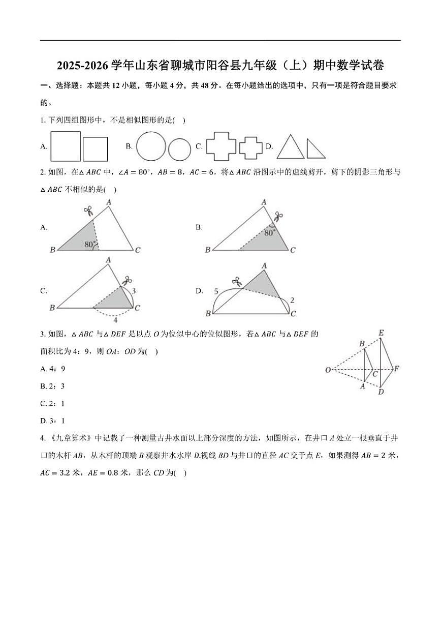 2025-2026学年山东省聊城市阳谷县九年级上学期期中数学_(含答案_)试卷第1页