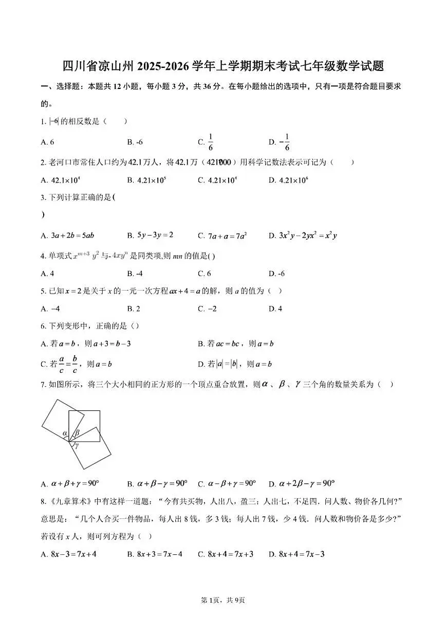 2025-2026学年四川省凉山州上学期期末考试七年级数学_(含答案_)试题第1页