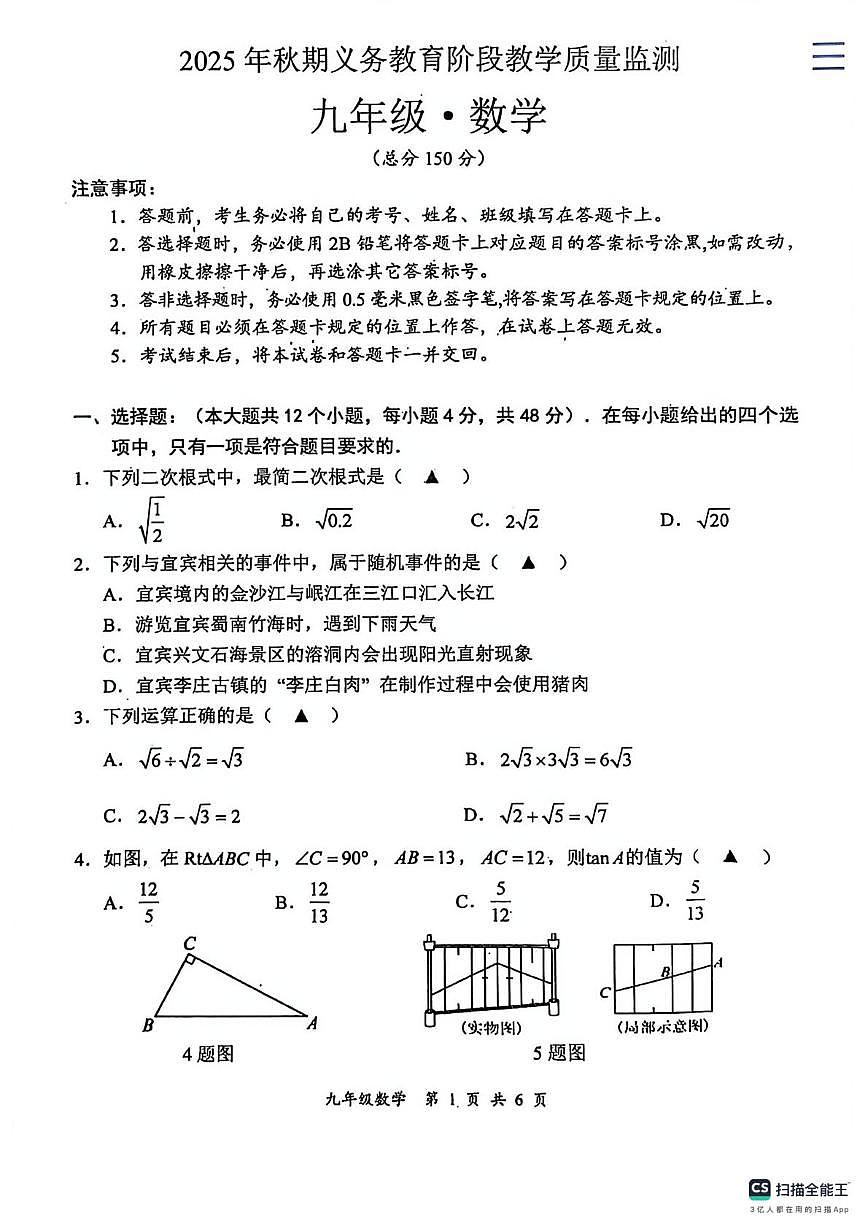 四川宜宾市2025年上学期义务教育阶段教学质量监测 九年级 数学(期末)第1页
