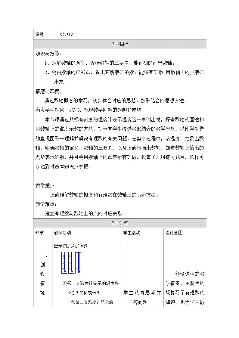 青岛版初中数学七年级上册(2024)1.3 数轴 教学设计第1页