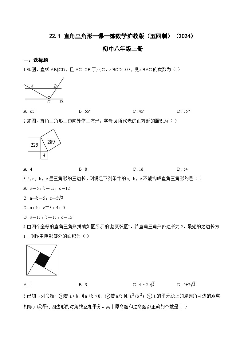 22.1 直角三角形一课一练数学沪教版(五四制)(2024)初中八年级上册(无答案)第1页