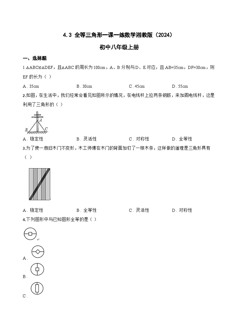 4.3 全等三角形一课一练数学湘教版(2024)初中八年级上册(无答案)第1页
