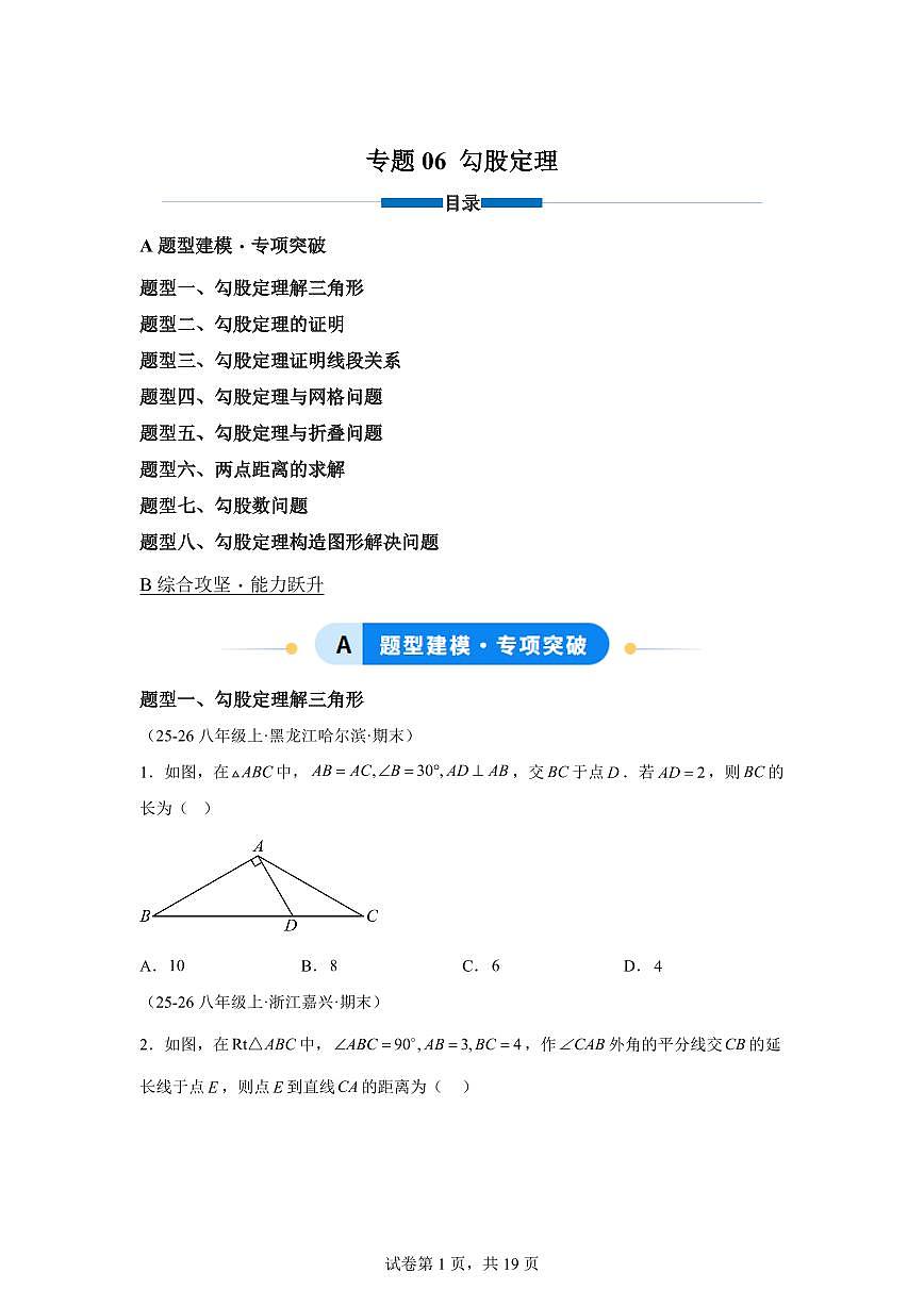 专题06 勾股定理(专练)数学新教材沪科版八年级下册第1页