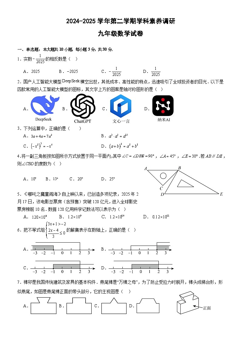 2025年广东省中山市中山纪念中学教育集团九年级 二模数学试题(含答案)第1页