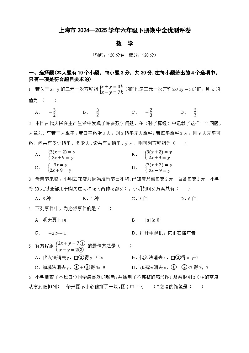 上海市2024—2025学年六年级数学下册期中全优测评卷(原卷版)第1页